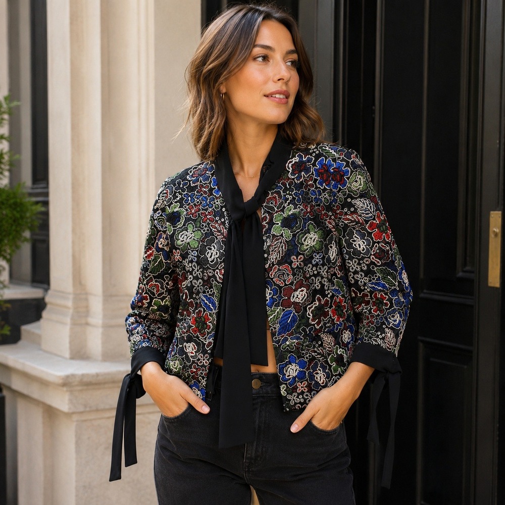 Zara‎ Embroidered Cropped Jacket XS Tie-Front Black Floral Bolero